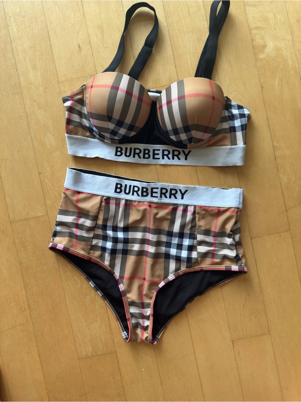 Burberry Beige Plaid Bikini Top and High-Waist Bottoms